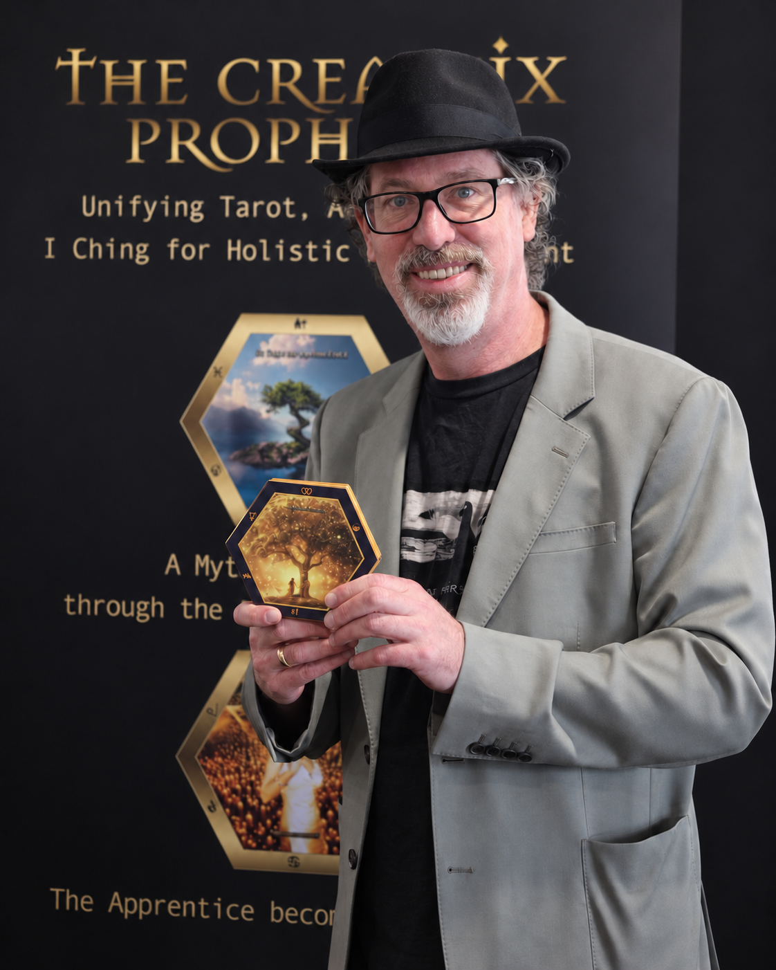 Benjamin Rose in a black hat and grey jacket, holding a hexagonal Creatrix card.