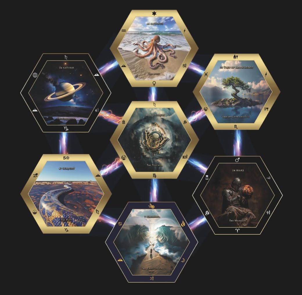 Seven real hexagonal cards arranged as a constellation: Octopus, Saturn, Tree of Knowledge, Butterfly, Serpent, Mars and Channel