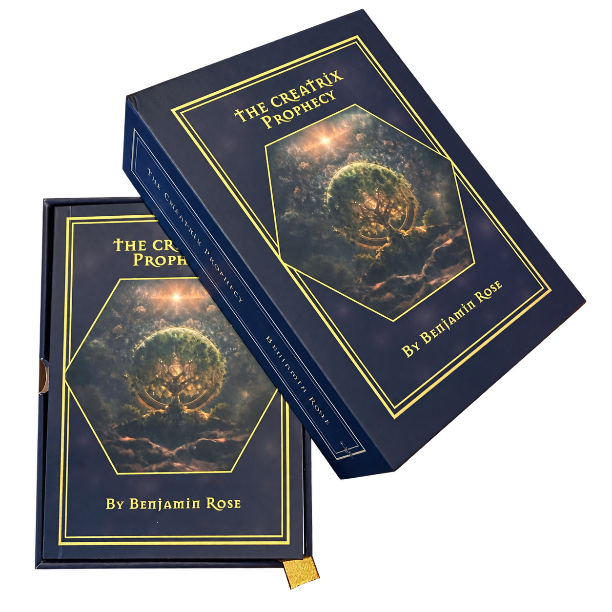 The Creatrix Prophecy First Edition navy-and-gold presentation box and companion storybook