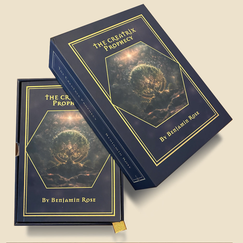 The navy-and-gold Creatrix Prophecy presentation box and companion storybook